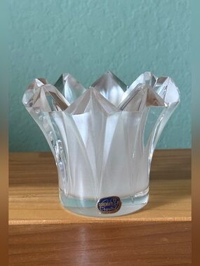 Vintage Bohemia Crystal Candle Holder Frosted Heavy Czech Republic 3.5”